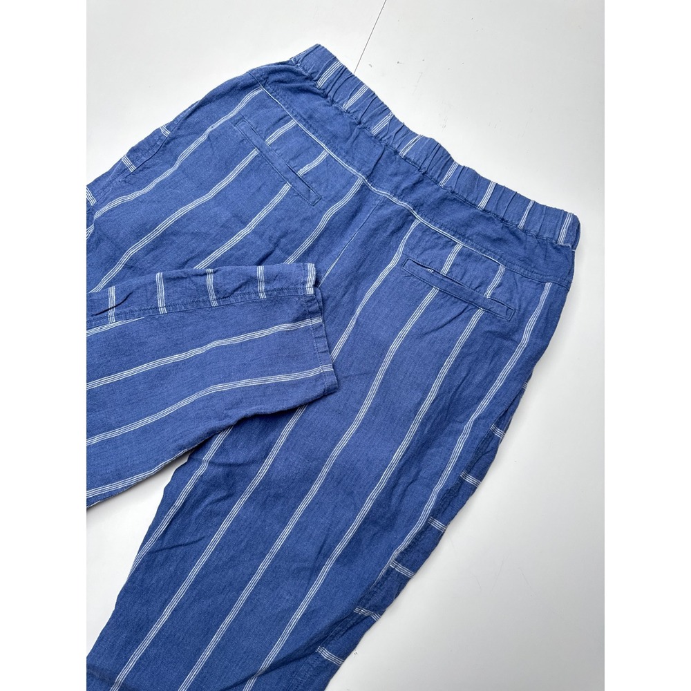 Anthropologie Blue White Striped 100% Linen Elastic Waist Crop Pants Womens M